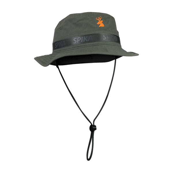 Spika Guide adult bucket hat in Olive with orange deer logo, SPIKA band and chin cord