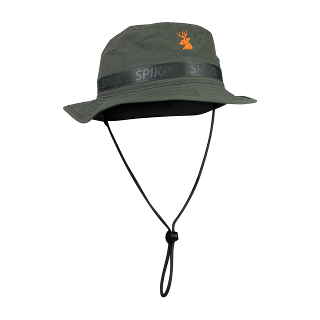Spika Guide adult bucket hat in Olive with orange deer logo, SPIKA band and chin cord