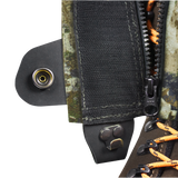 Spika Strike youth gaiter in Biarri Camo, close-up of the rear zip, hook-and-loop flap and boot hook