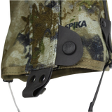 Spika Strike youth gaiter in Biarri Camo, close-up of the lower snap, lace hook and instep cable