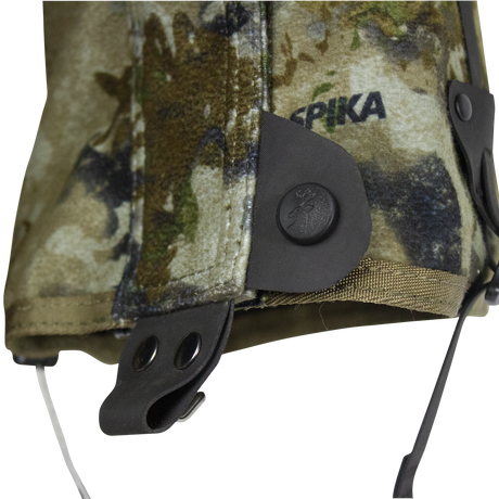 Spika Strike youth gaiter in Biarri Camo, close-up of the lower snap, lace hook and instep cable
