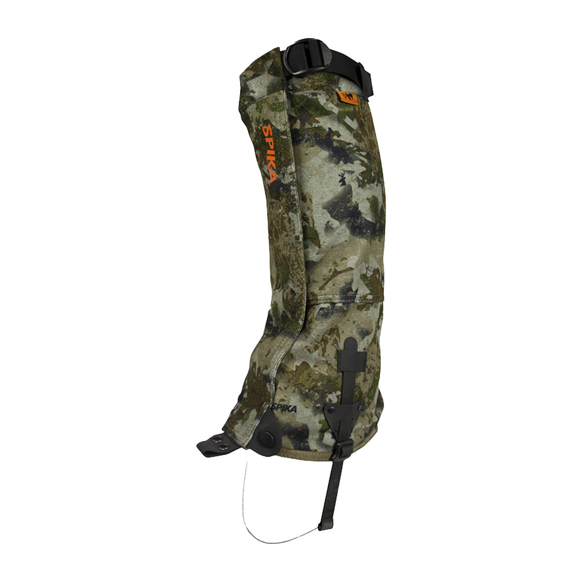 Spika Strike adult hunting gaiter in Biarri Camo, single gaiter with orange Spika logo and top strap
