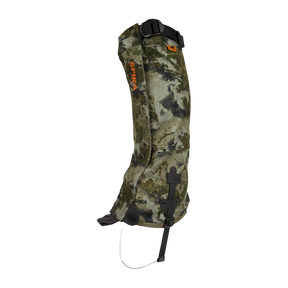 Spika Strike adult hunting gaiter in Biarri Camo, single gaiter with orange Spika logo and top strap