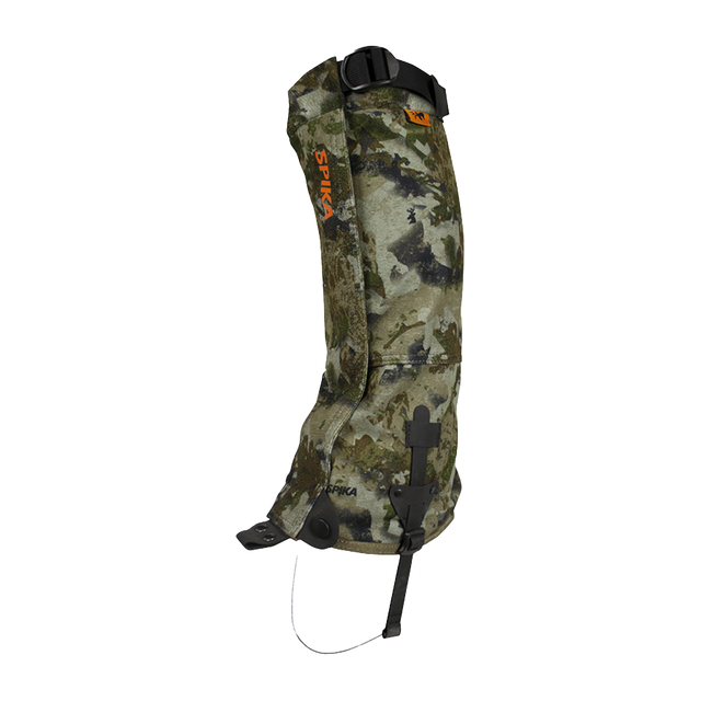 Spika Strike adult hunting gaiter in Biarri Camo, single gaiter with orange Spika logo and top strap
