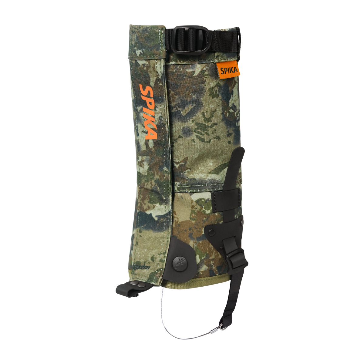 Spika Strike youth hunting gaiter in Biarri Camo, single gaiter with orange Spika logo and top strap