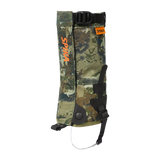 Spika Strike youth hunting gaiter in Biarri Camo, single gaiter with orange Spika logo and top strap