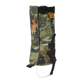 Spika Strike youth hunting gaiter in Biarri Camo, single gaiter with orange Spika logo and top strap