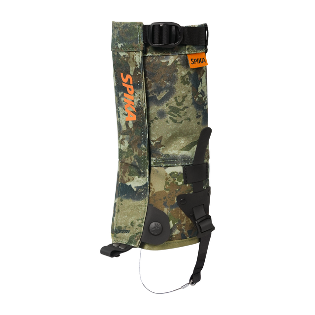 Spika Strike youth hunting gaiter in Biarri Camo, single gaiter with orange Spika logo and top strap