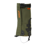 Spika Strike youth hunting gaiter in Olive, single gaiter with orange Spika logo and top strap