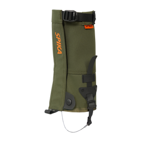 Spika Strike youth hunting gaiter in Olive, single gaiter with orange Spika logo and top strap