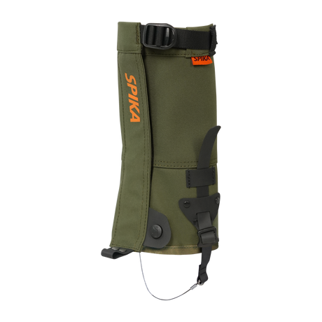 Spika Strike youth hunting gaiter in Olive, single gaiter with orange Spika logo and top strap