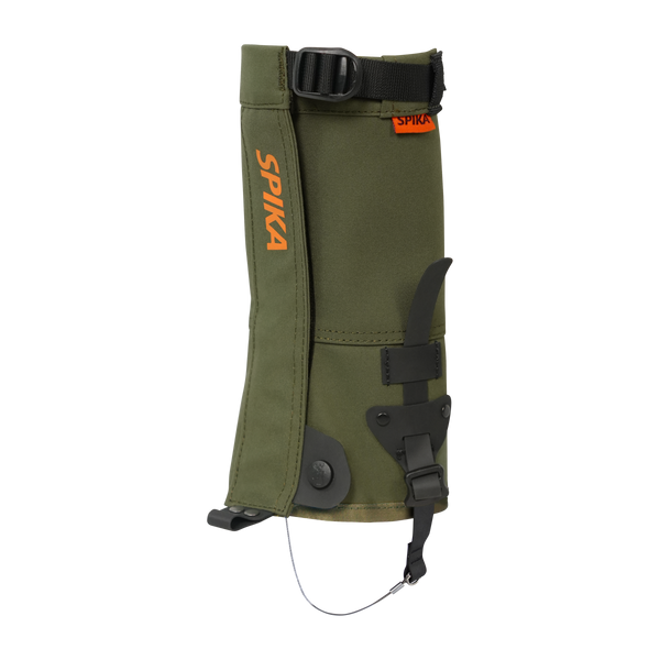 Spika Strike youth hunting gaiter in Olive, single gaiter with orange Spika logo and top strap
