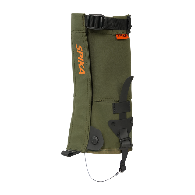 Spika Strike youth hunting gaiter in Olive, single gaiter with orange Spika logo and top strap