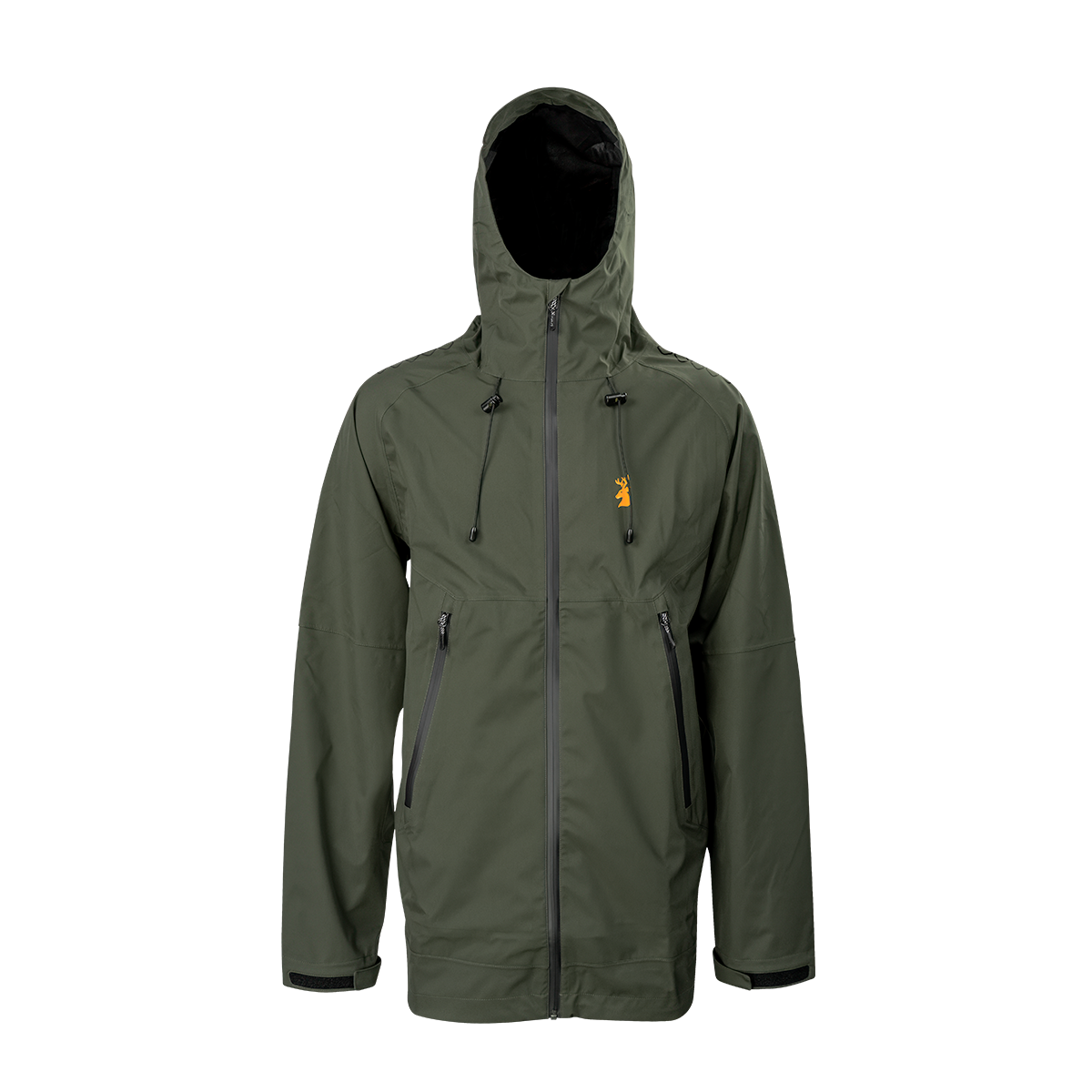 Spika Edge men's waterproof hunting jacket in Olive with hood, full zip and chest logo, front view