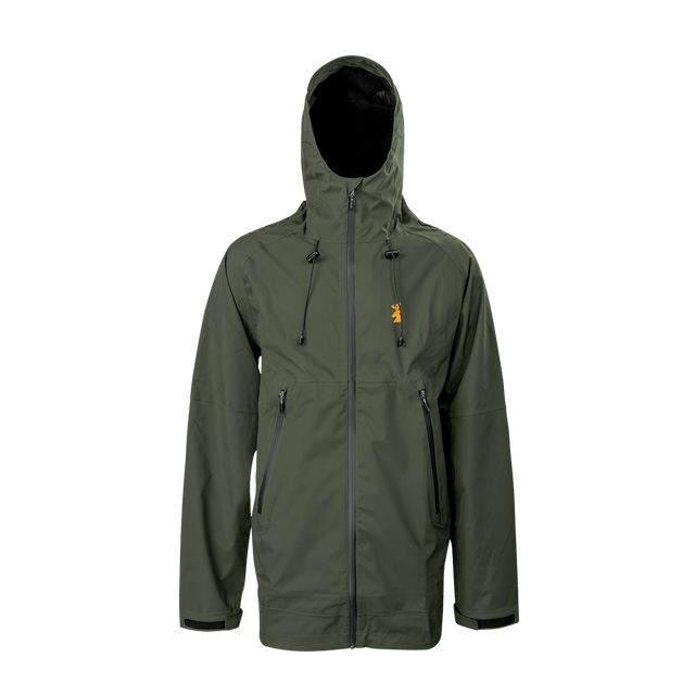 Spika Edge men's waterproof hunting jacket in Olive with hood, full zip and chest logo, front view