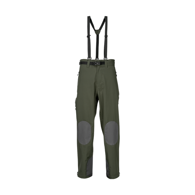 Spika Edge men's waterproof hunting pants in Olive with braces and grey knee patches, front view