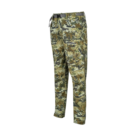 Spika Recon women's hunting pants in Biarri Camo, three-quarter side view with belt