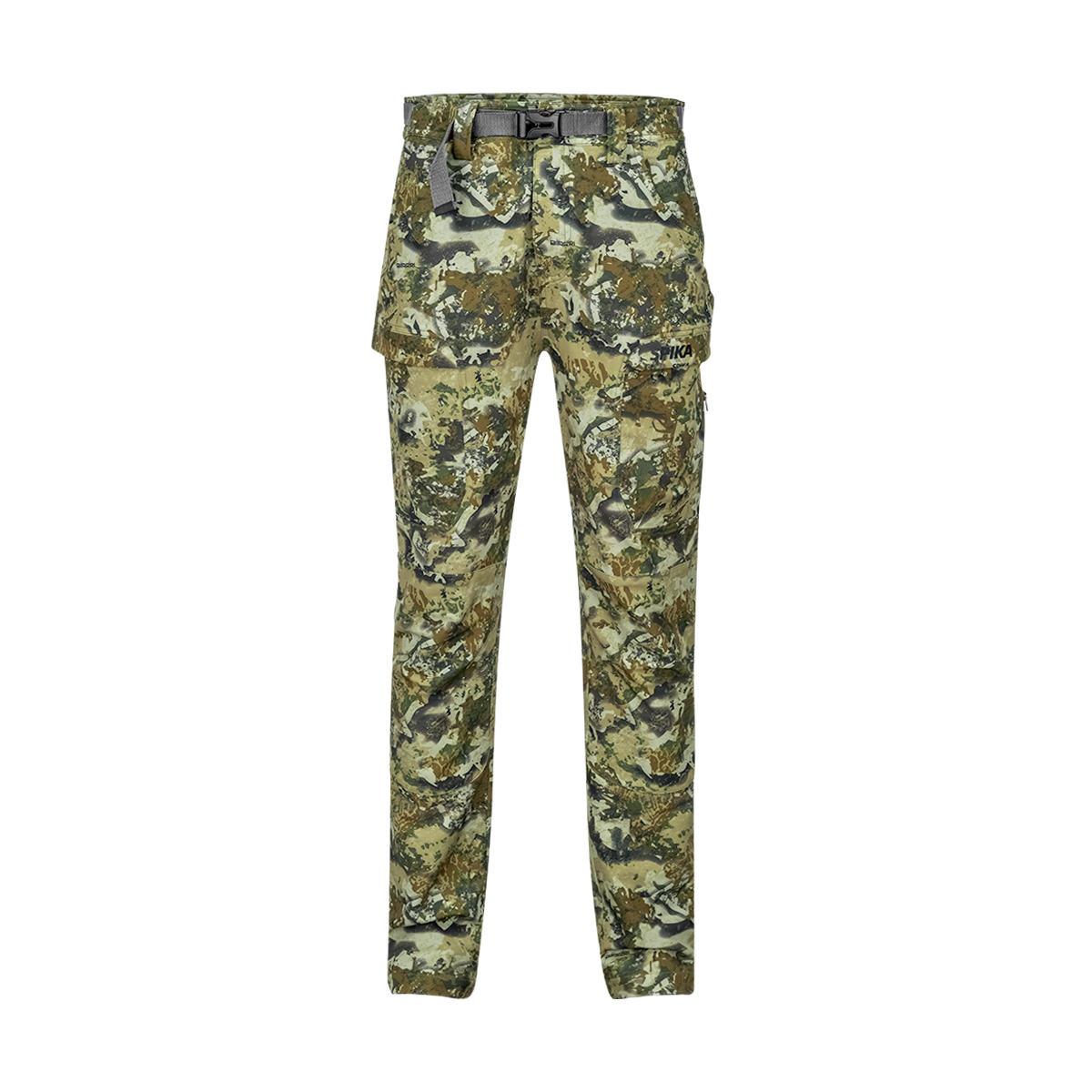 Spika Recon women's hunting pants in Biarri Camo, front view with webbing belt and cargo pockets