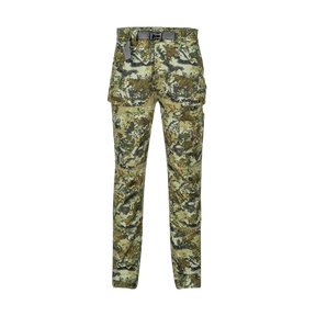 Spika Recon women's hunting pants in Biarri Camo, front view with webbing belt and cargo pockets