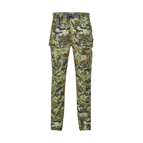 Spika Recon women's hunting pants in Biarri Camo, front view with webbing belt and cargo pockets