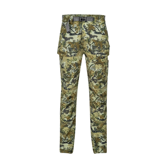 Spika Recon women's hunting pants in Biarri Camo, front view with webbing belt and cargo pockets