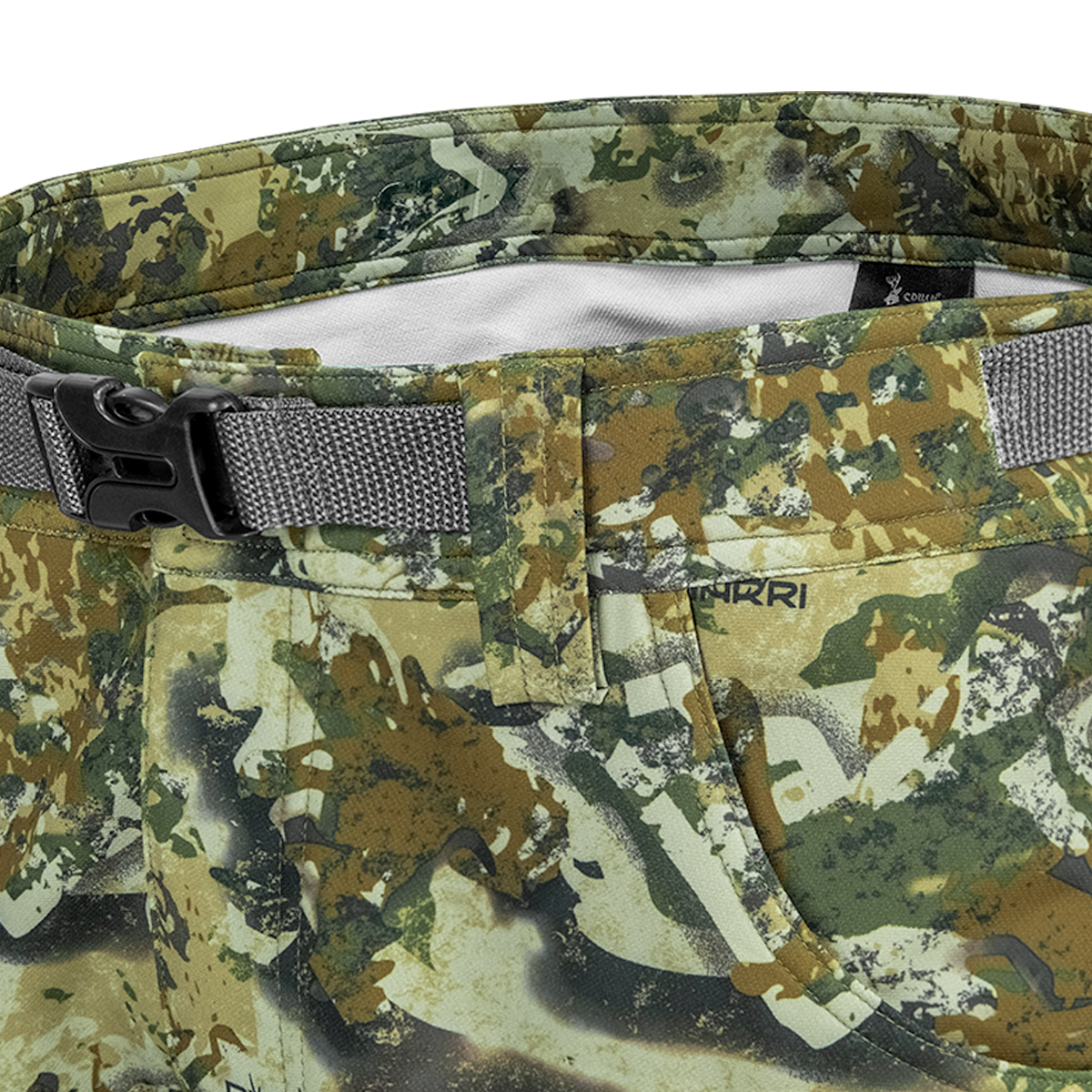 Spika Recon women's pants in Biarri Camo, close-up of waistband with grey webbing belt and buckle
