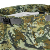 Spika Recon women's pants in Biarri Camo, close-up of waistband with grey webbing belt and buckle