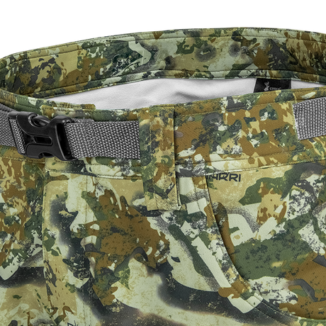 Spika Recon women's pants in Biarri Camo, close-up of waistband with grey webbing belt and buckle