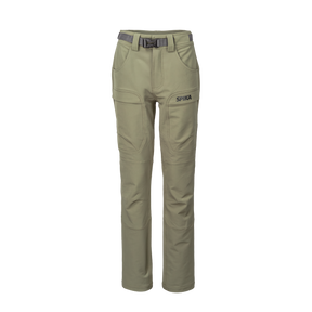 Spika Recon women's hunting pants in Dusky Green, front view with webbing belt and cargo pockets