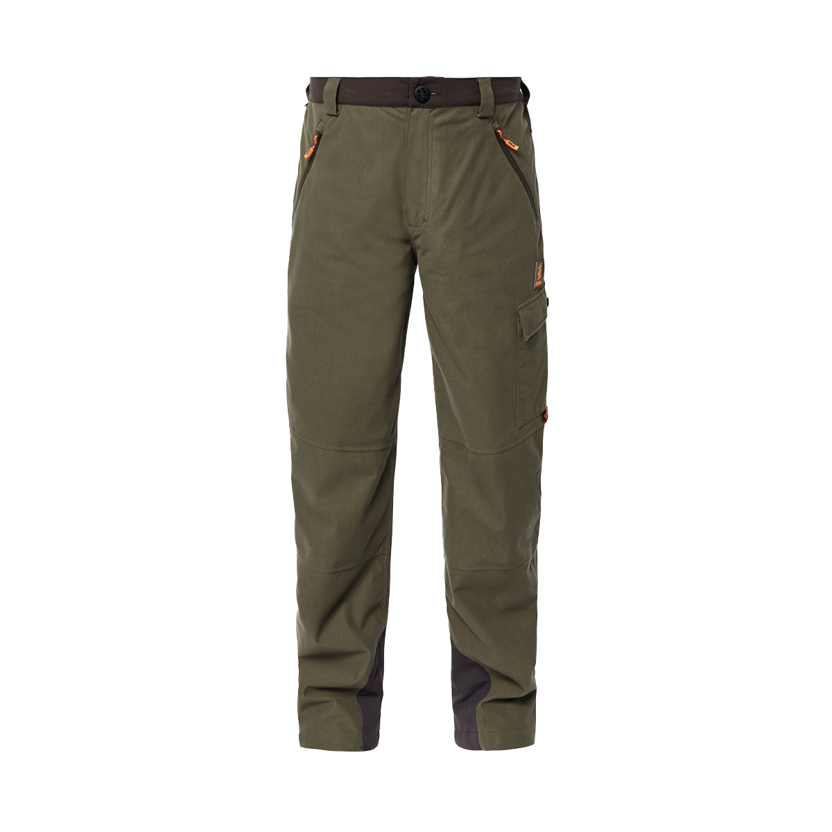 Spika Valley men's hunting pants in Olive, front view with cargo pocket and grey knee panels