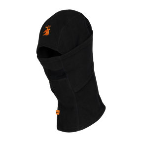 Spika Alpine adult fleece balaclava in Black, three-quarter view with orange deer logo