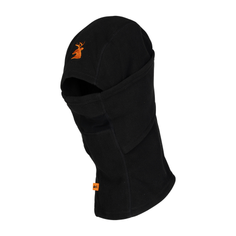 Spika Alpine adult fleece balaclava in Black, three-quarter view with orange deer logo
