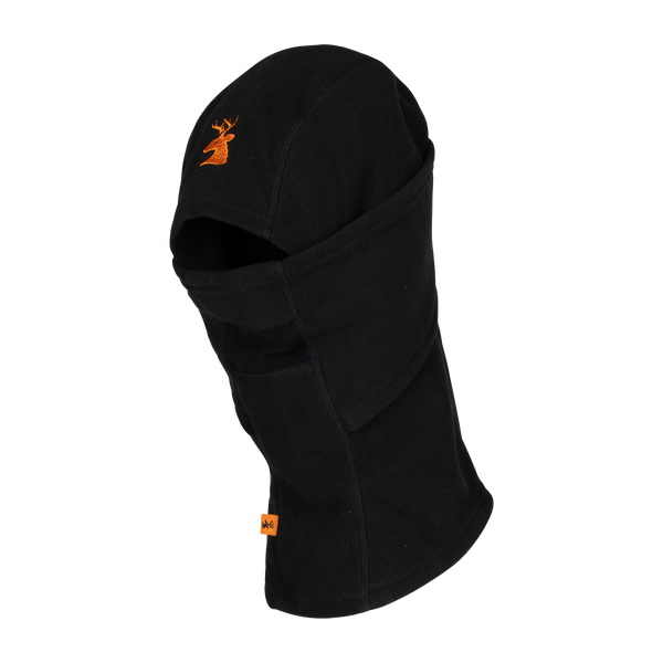 Spika Alpine adult fleece balaclava in Black, three-quarter view with orange deer logo