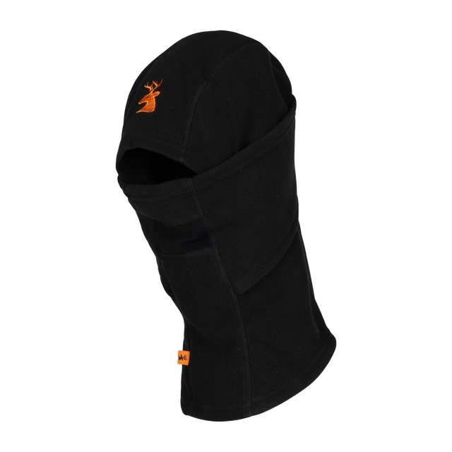 Spika Alpine adult fleece balaclava in Black, three-quarter view with orange deer logo