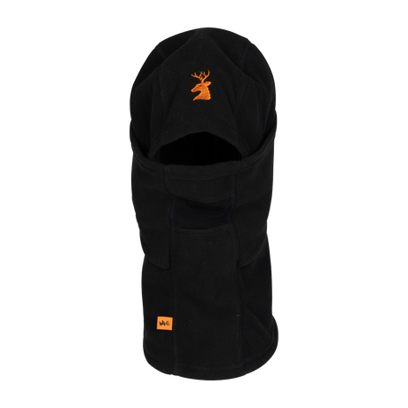 Spika Alpine adult fleece balaclava in Black, front view showing face opening and deer logo