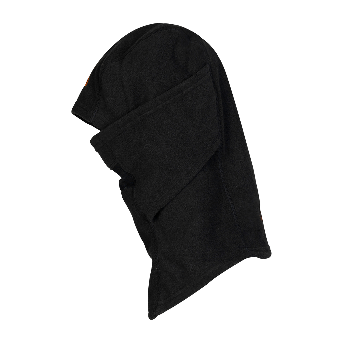 Spika Alpine adult fleece balaclava in Black, side view of the hood and fold-down face panel