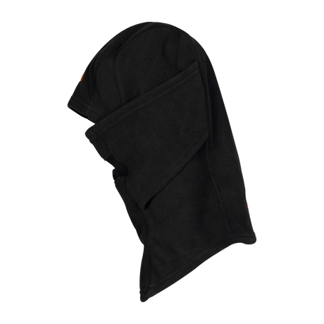 Spika Alpine adult fleece balaclava in Black, side view of the hood and fold-down face panel