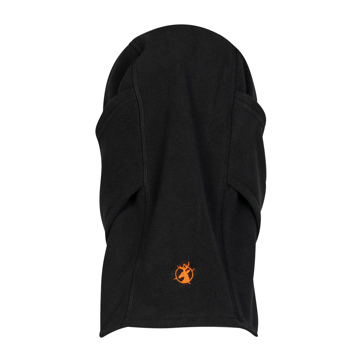 Spika Alpine adult fleece balaclava in Black, back view with orange Spika logo at the neck