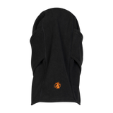 Spika Alpine adult fleece balaclava in Black, back view with orange Spika logo at the neck