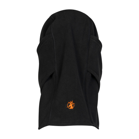 Spika Alpine adult fleece balaclava in Black, back view with orange Spika logo at the neck