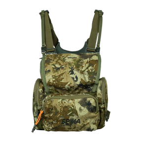 Spika Drover II bino pack in Biarri Camo, front view with flap lid and zipped front pocket