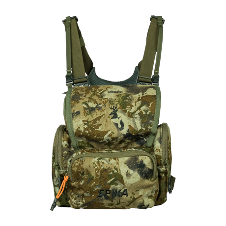 Spika Drover II bino pack in Biarri Camo, front view with flap lid and zipped front pocket