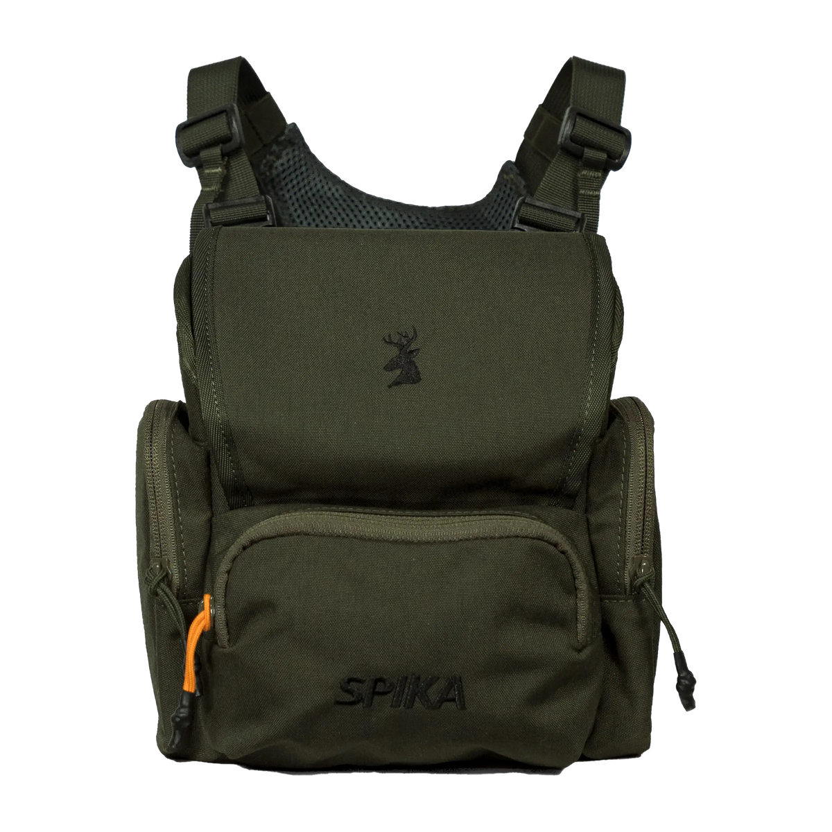 Spika Drover II bino pack in Olive Summit, front view with flap lid and zipped front pocket