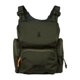 Spika Drover II bino pack in Olive Summit, front view with flap lid and zipped front pocket