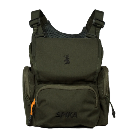 Spika Drover II bino pack in Olive Summit, front view with flap lid and zipped front pocket