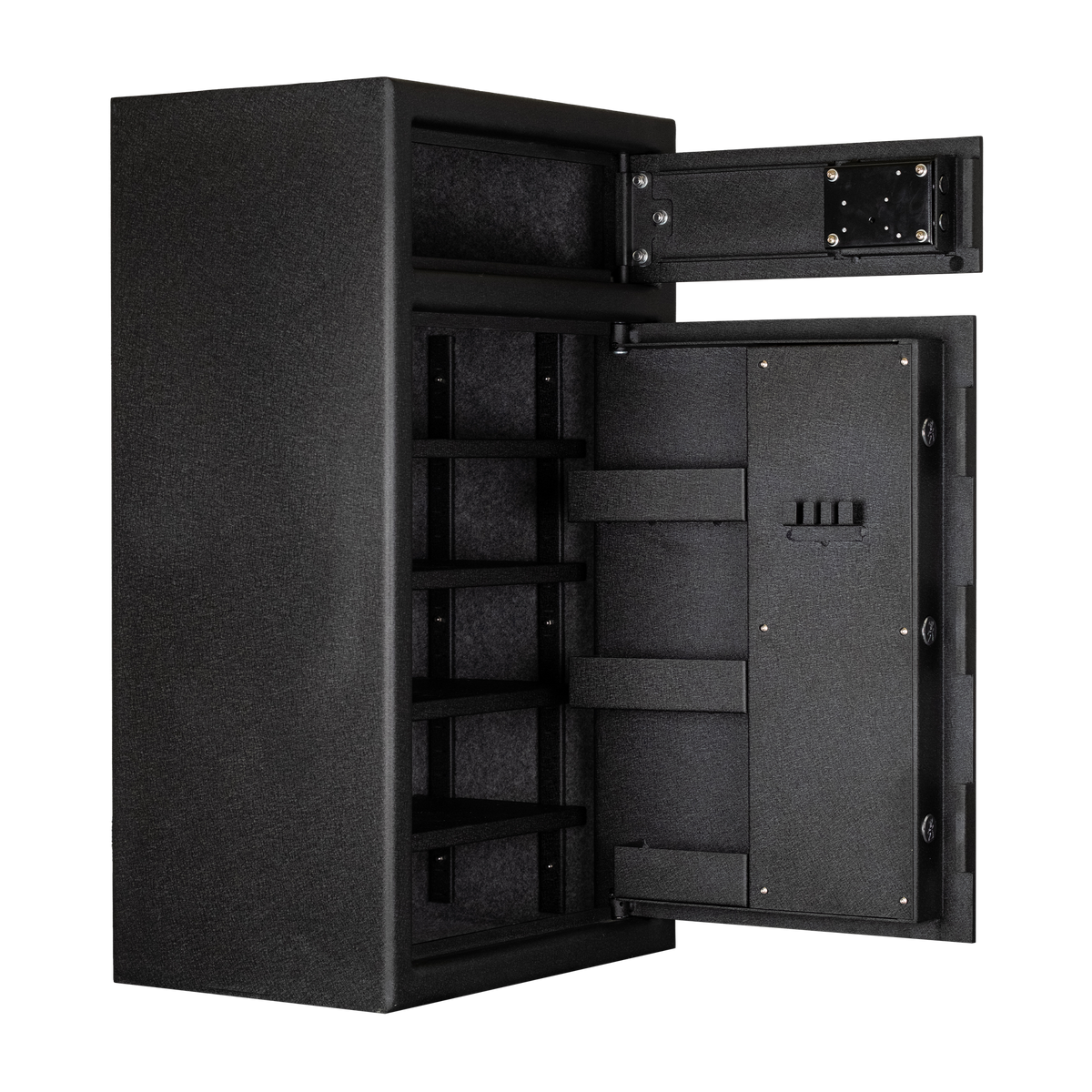 Spika S3H large pistol safe open at an angle showing shelves and the top lockbox