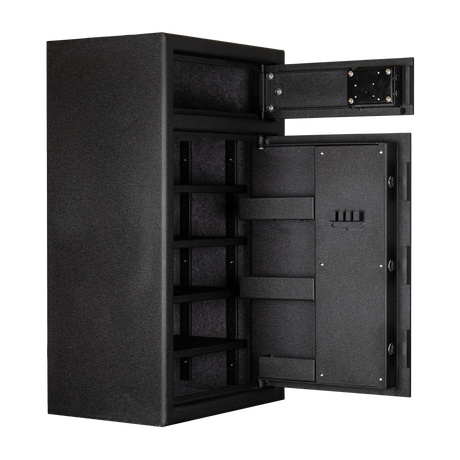 Spika S3H large pistol safe open at an angle showing shelves and the top lockbox