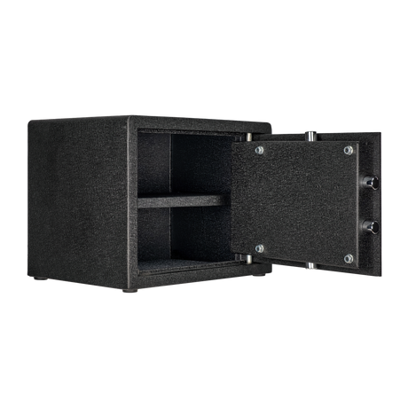 Spika SPK key pistol safe open at an angle showing interior shelf