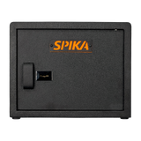 Spika SPK key pistol safe front view with key lock, handle and orange Spika logo