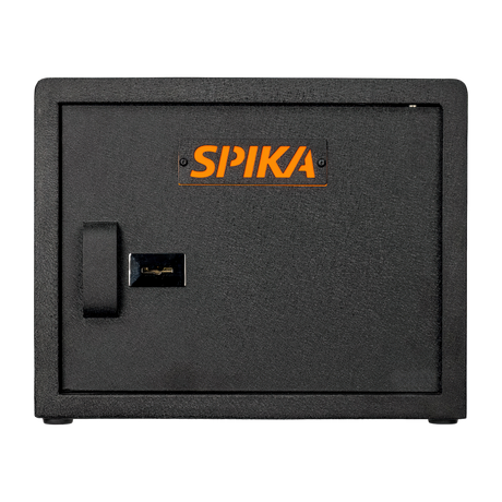 Spika SPK key pistol safe front view with key lock, handle and orange Spika logo